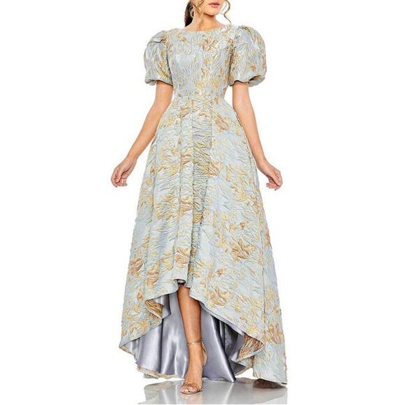 Mac Duggal Dresses & Skirts - Mac Duggal Pale Blue and Gold High-Low Puff Sleeve Evening Dress